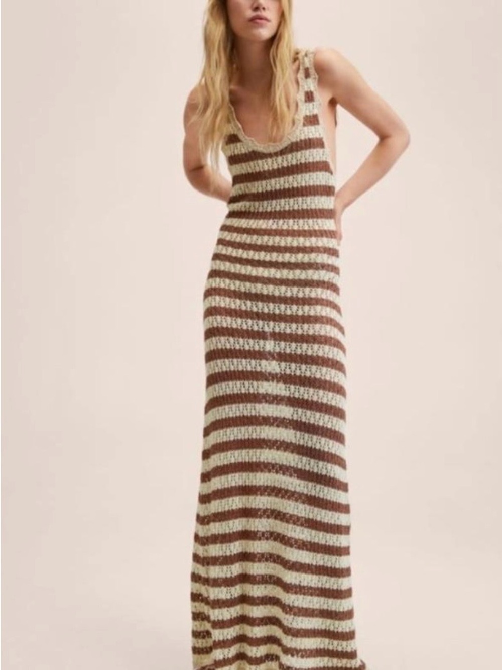 Mango Striped Crochet Maxi Coverup in Brown and Cream